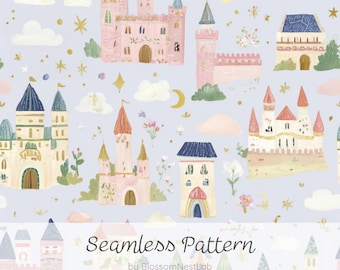 Nahtloses Muster mit Märchenschloss, Aquarell-Pastell-Design mit Schloss, Blumen, Mond und Sternen, Tapete für Mädchenzimmer, Digitalpapier, Kinderzimmerdekoration.