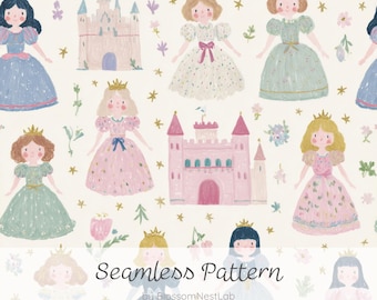 Nahtloses Prinzessinnenmuster, Aquarell-Pastell-Design mit Schlössern, Prinzessinnen und Blumen, märchenhaftes Digitalpapier, Tapete für Mädchenzimmer, Kinderzimmerdekoration.