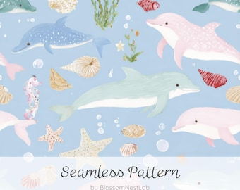 Nahtloses Delfinmuster in Pastellfarben, digitales Papier mit Meeresmotiven, maritimer Aquarellhintergrund, sommerliches Meeresmotiv als Stoffdesign, Tapete im Küstenstil