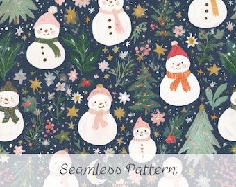 Nahtloses Muster aus Schneemännern und Weihnachtsbäumen, digitales Winterpapier, verziert mit handgemalten Aquarellsternen und -blumen, niedlicher weihnachtlicher Nachthintergrund, Tapete für die Winterfeiertage.