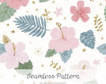 Soft Tropical Hibiscus Seamless Pattern, Watercolor Hawaiian Floral Digital Paper, Pink Botanical Summer Background, Coastal Preppy Design