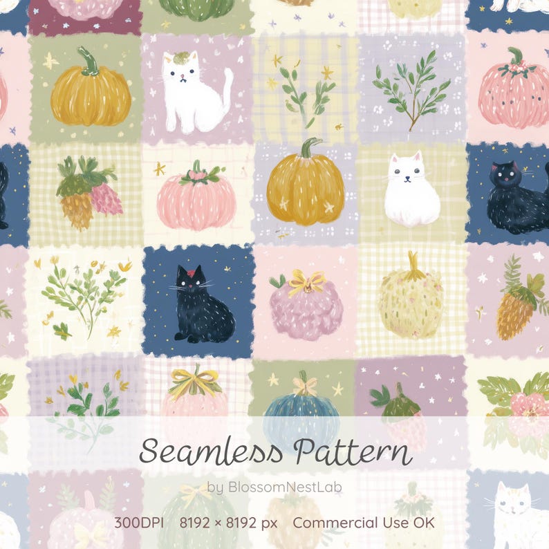 May include: A seamless digital pattern featuring a grid of illustrations including white and black cats, various pumpkins in shades of orange, pink, and blue, and green foliage. The text reads Seamless Pattern by BlossomNestLab 300DPI 8192 x 8192 px Commercial Use OK.