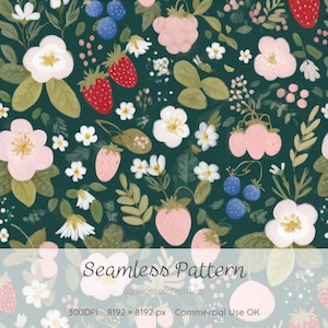 Op de afbeelding: Naadloos patroon met aardbeien, bosbessen en bloemen in roze, rood, wit en groen op een donkergroene achtergrond. De tekst "Seamless Pattern" wordt onderaan weergegeven.