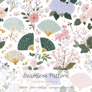 Può includere: Motivo senza cuciture con illustrazioni ad acquerello di fiori, ventagli e fogliame nei toni del rosa, verde e blu su sfondo bianco. Il testo "Seamless Pattern" è visualizzato nella parte inferiore dell'immagine.