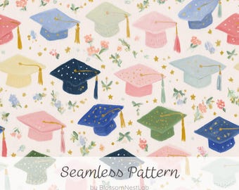 Naadloos pastelpatroon voor afstudeerpetten, aquarelachtig ontwerp voor schoolpetten, digitaal papiermateriaal voor schoolafstudeerfeesten, uitnodigingen en plakboeken.