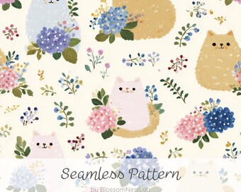 Cute Cat & Flower Seamless Pattern, Watercolor Floral Cats Digital Paper, Kawaii Animal Design, Fabric Print, Wallpaper, Digital Download