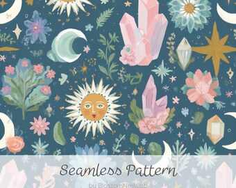 Tarot Inspired Seamless Pattern, Watercolor Digital Paper, Sun Moon Crystal Floral Design, Mystical Celestial Boho Witchy Background, JPG