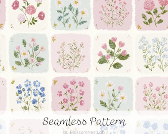 Motifs patchwork floraux preppy sans couture, papiers numériques girly style aquarelle, fonds cottage core, motifs de courtepointes pastel, papiers peints style tissu.