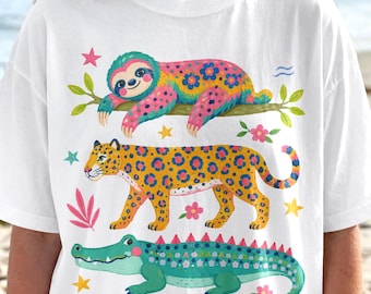 Retro Tropical Animal PNG, Jungle Animal Shirt Design, Sloth Jaguar Alligator T Shirt PNG, Colorful Wildlife Graphic, Nature Lover Gift