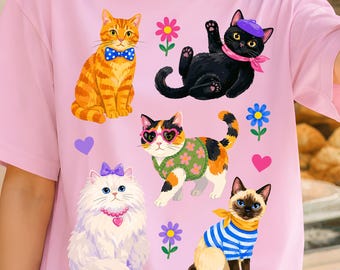 Gato preppy PNG, diseño de camiseta para amantes de los gatos, gráfico de mamá de gatos, camiseta de moda para gatos, gato siamés atigrado calico PNG, camiseta para amantes de las mascotas