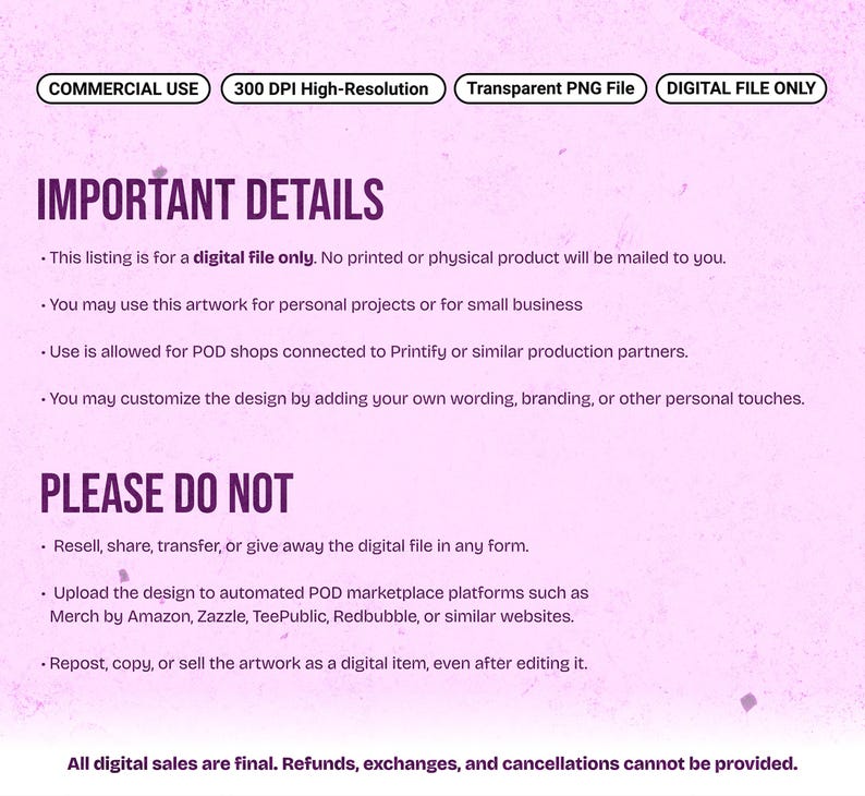 May include: A digital file information graphic on a light purple background. Text includes COMMERCIAL USE, 300 DPI HIGH-RESOLUTION, TRANSPARENT PNG FILE, DIGITAL FILE ONLY, IMPORTANT DETAILS, and PLEASE DO NOT, outlining usage terms and restrictions.