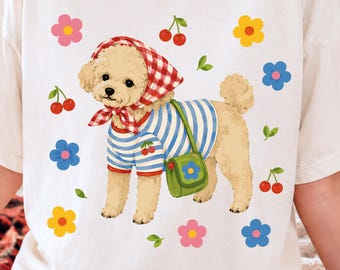 Lindo caniche PNG, imágenes prediseñadas de perros de primavera, ilustración floral de cachorros, diseño de sublimación para amantes de las mascotas, camiseta de perro PNG