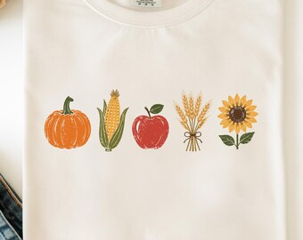 Cosecha de otoño PNG, imágenes prediseñadas rústicas de granja para Acción de Gracias con calabazas, maíz, girasoles y trigo, diseño de camiseta de temporada de otoño