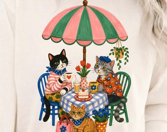 Imagen PNG de fiesta de té con gatos vintage, imágenes prediseñadas de gatos vintage, ilustración de gatitos adorables, diseño de animales caprichosos, sublimación para amantes de los gatos