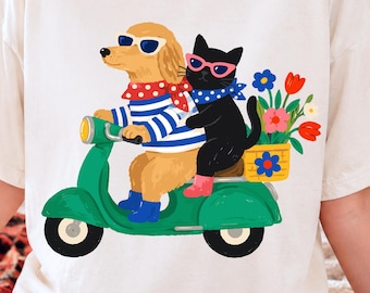 Imagen PNG de un gato salchicha, clipart de un lindo patinete para mascotas, ilustración retro de animales, diseño de camiseta para amantes de los perros y gatos, sublimación.