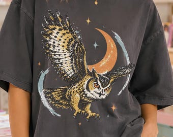 Vintage Owl PNG, Owl Moon Shirt Design, Flying Owl T Shirt PNG, Crescent Moon Wildlife Graphic, Night Owl Lover Gift, Forest Bird Art