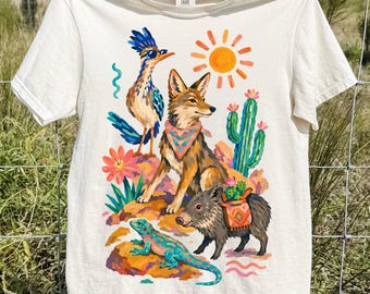 PNG de fauna del desierto vintage, PNG de coyote del suroeste, diseño de camiseta de correcaminos, diseño de cactus DTF, diseño de sublimación occidental, colores cómodos