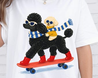 Caniche skater PNG, diseño de camiseta de moda para caniche, gráfico para amantes de los caniches, perro skater PNG, camiseta de mamá caniche, caniche negro PNG