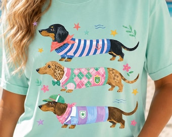 Dachshund PNG, Wiener Dog Clipart, Preppy Dachshund Shirt Design, Doxie Mom Gift, Cute Sausage Dog, Dog Lover Graphic, Long Dog Art