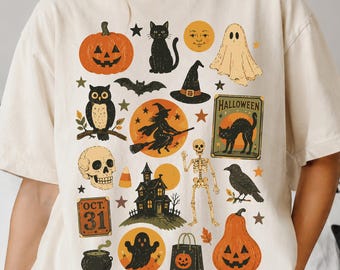 PNG de Halloween vintage, diseño de camiseta retro de Halloween, collage de Halloween PNG, gráfico de temporada espeluznante, camiseta clásica de Halloween, PNG espeluznante retro