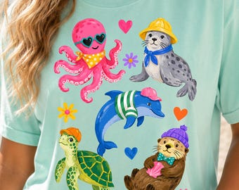 PNG de animales marinos estilo preppy, diseño de camiseta de animales marinos, PNG del fondo del mar, gráfico de vida marina, PNG de pulpo, delfín, tortuga y nutria
