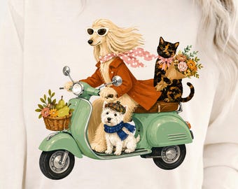 PNG de mascota parisina, diseño de camiseta para perro y gato francés, gráfico de patinete para perros, camiseta para amantes de los perros de París, ilustración vintage de mascotas