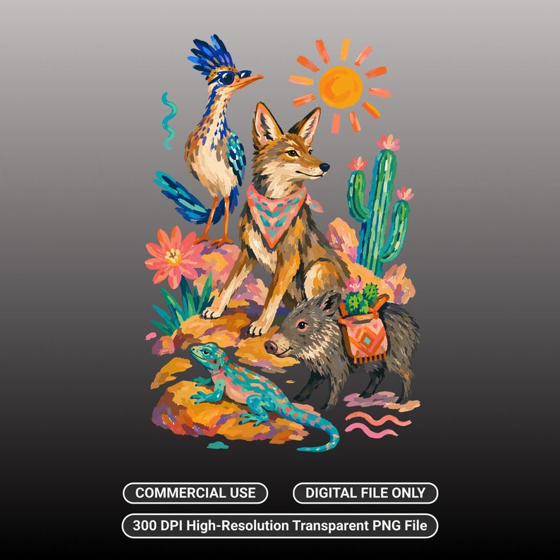 May include: A digital illustration featuring a coyote wearing a patterned bandana, a roadrunner with sunglasses, a javelina with a saddlebag, and a lizard. The scene includes a cactus, a sun, and flowers. Text reads: COMMERCIAL USE DIGITAL FILE ONLY.