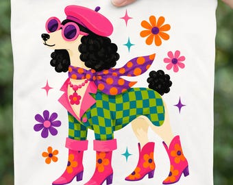 Caniche retro PNG, imágenes prediseñadas de perros de moda vintage, diseño de camiseta de caniche colorida, gráfico de mascotas para amantes de los perros.