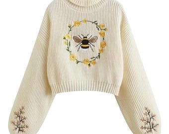 Floral Cropped Sweater, Bee Embroidered Pullover