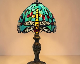 Lampada da tavolo a forma di libellula blu / Luce soffusa e ambientale per il comodino / Illuminazione vivace in vetro / Accogliente elemento decorativo