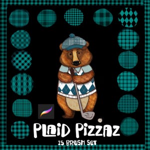 May include: An illustration featuring a brown bear dressed in a golf outfit, holding a golf club. The bear is surrounded by teal and black plaid patterns. The text "Plaid Pizzaz" and "15 Brush Set" are displayed at the bottom.
