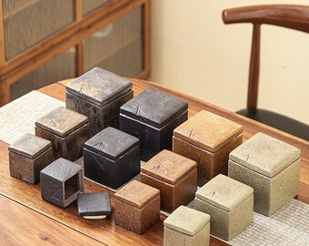 Tarro de cerámica Wabi Sabi con tapa, hecho a mano, estilo japonés, para té, recipiente rústico de cerámica para cocina, caja de recuerdos con un toque natural, ideal para la decoración del hogar.