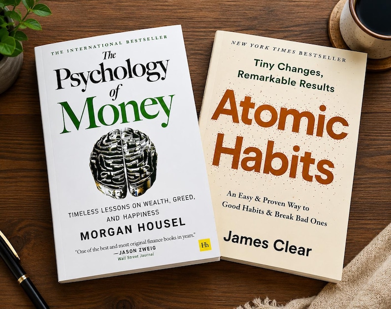 May include: Two hardcover books on a wooden surface. The book on the left is titled "The Psychology of Money" by Morgan Housel. The book on the right is titled "Atomic Habits" by James Clear.