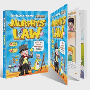 May include: A hardcover book titled "Murphy's Law" with a cartoon illustration on the cover. The cover is light blue with yellow and white text. The illustration features a cartoon man in a top hat holding a lightbulb. The book is open, revealing interior pages.