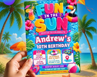 Fun in the Sun Birthday Invitation, Beach Birthday Invitation for Kids, Editable Canva Template, Summer Beach DIY text instant download