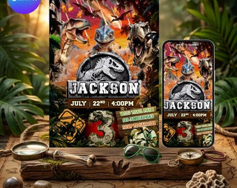 Dinosaur Birthday THREE REX  Invitation | Retro T Rex Party Invite Editable Digital Invitation Template Instant Download