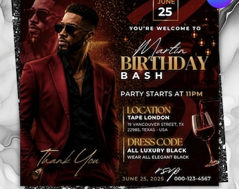 Red Gold Birthday Invitation, Men’s Party Flyer, Editable Canva Template (Instant Download)