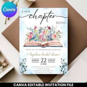 A New Chapter Begins Bridal Shower Invitation | Elegant Storybook Library Invite | Editable Canva Template Digital Download