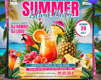 Luau Party Flyer | Hawaiian Beach Party Invitation | Summer Pool & Club Party Canva Editable Template