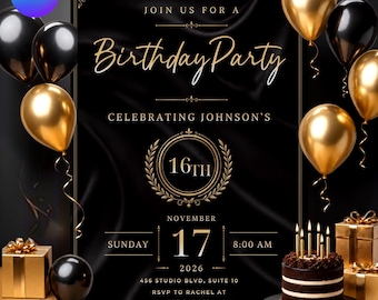 Black and Gold Birthday Invitation for Him, Modern Birthday , Editable Canva Template, Printable Digital , DIY text instant download