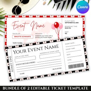May include: Two rectangular event ticket templates. The top ticket features a red heart border, a world map background, three balloons, and text including Event Name, Traveler: Brigitte Schwartz, and Flight Date: September 03, 2026. The bottom ticket has a black heart border, Admit One text, and blank fields for event details.
