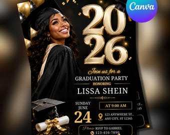 Class of 2026 Graduation Invitation, Black Gold Grad Party, Editable Canva Invite