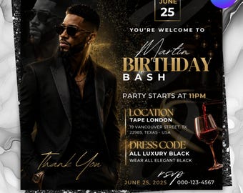Black Gold Birthday Invitation, Men’s Party Flyer, Editable Canva Template (Instant Download)