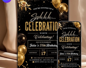 Surprise Birthday Invitation Template, Editable Canva Birthday Party Invite, Black & Gold Birthday Invitation, DIY text, Instant download