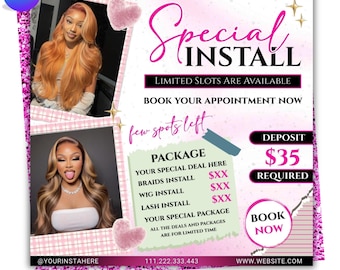 Luxury Hair Install Flyer Template, Editable Canva Hair Stylist Flyer, Wig Install Promotion, DIY  text, Instant download