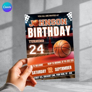 Basketball Birthday Invitation, Editable Canva Template, Kids Sports Party Invite, Printable Digital Download, DIY text instant download
