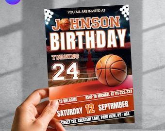 Basketball Birthday Invitation, Editable Canva Template, Kids Sports Party Invite, Printable Digital Download, DIY text instant download