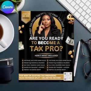 May include: A black and gold recruitment flyer titled Are You Ready To Become A Tax Pro? featuring a person in a black blazer, floating dollar bills and coins, a list of training benefits, and a QR code for new or existing tax preparers.