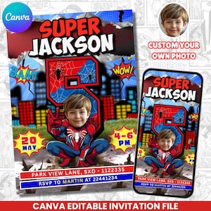 May include: A superhero-themed birthday invitation template featuring the text SUPER JACKSON, a large number 5, and a comic book style city background. It includes placeholders for a photo, date, time, address, and RSVP details in red and blue.