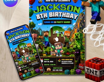 Pixel Block Birthday Invitation Template, Editable Pixel Party Invite, Video Game Birthday Invitation, DIY text, Instant download